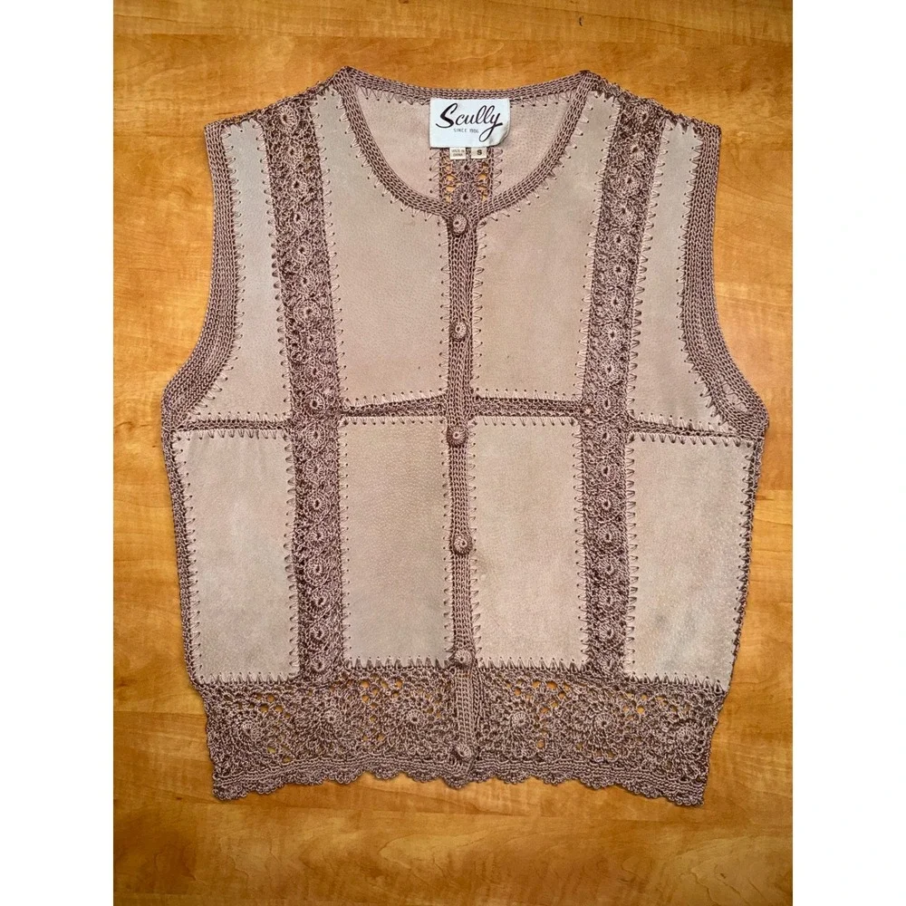 Scully Leather Crochet Knit Vest Mauve Tan Western Boho Suede Button Front Small